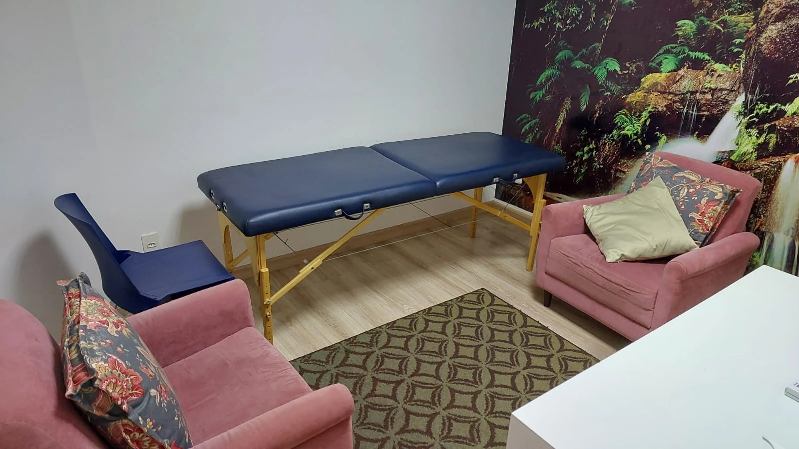 Consultório com poltronas rosadas, mesa e painel de natureza